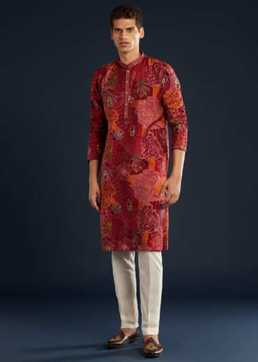 Red Silk Kurta Set With Foil Work