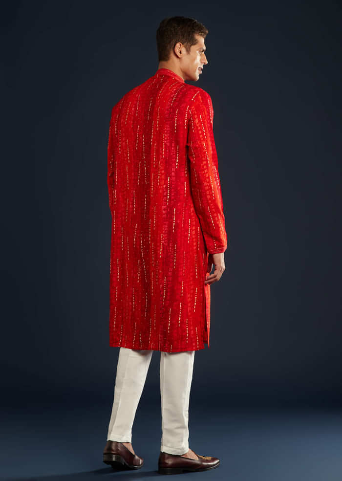 Red Silk Kurta Set with Resham Work