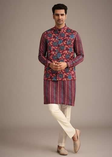 Red Silk Printed Jacket And Kurta Set