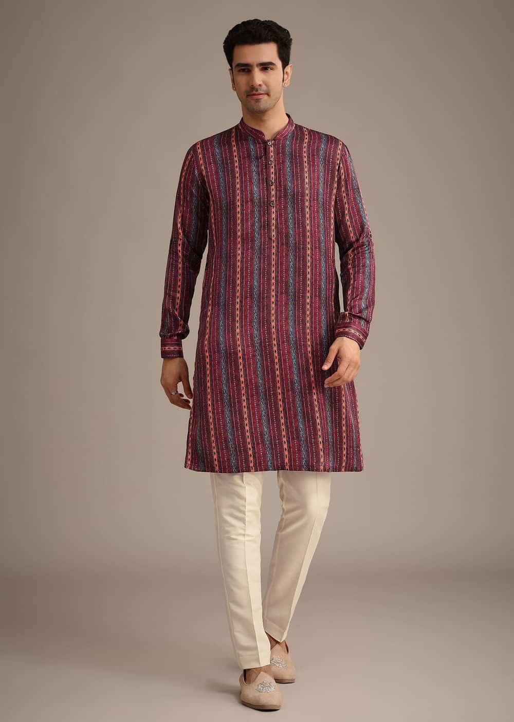 Red Silk Printed Jacket And Kurta Set