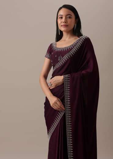 Red Stone Embellished Saree In Satin