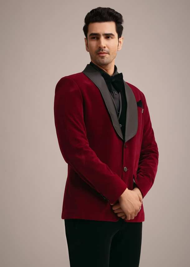 Red Tuxedo Set In Micro Velvet