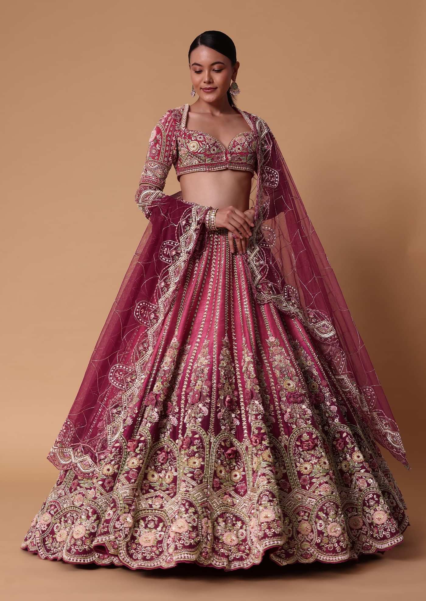 Red Velvet Silk 16 Kali Zardosi Lehenga With Crystal Blouse And Two Dupattas
