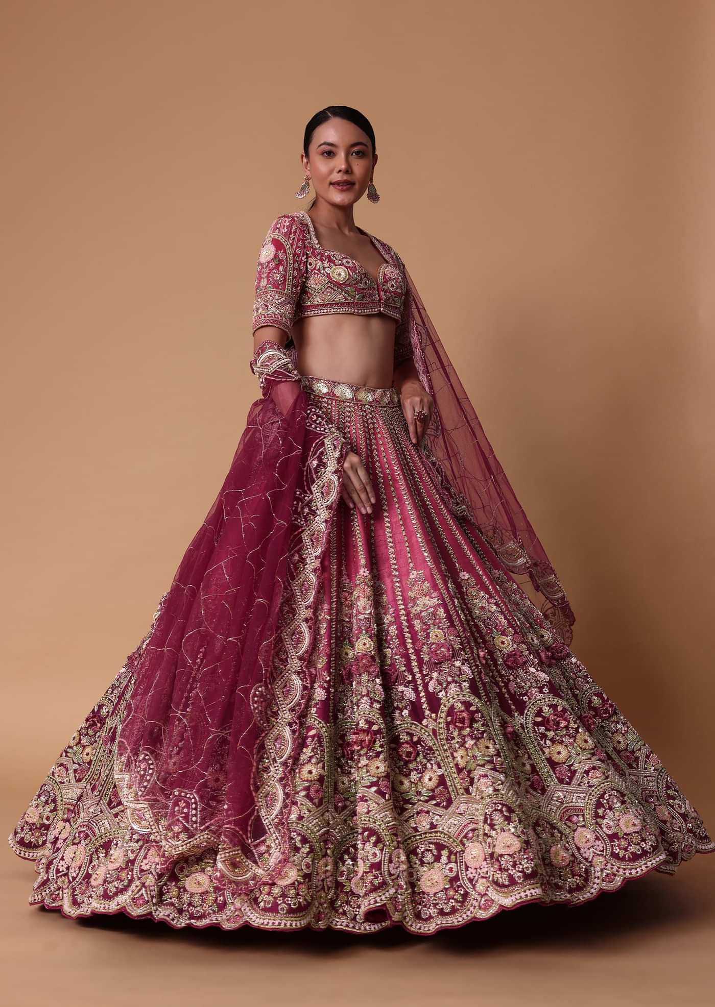 Red Velvet Silk 16 Kali Zardosi Lehenga With Crystal Blouse And Two Dupattas