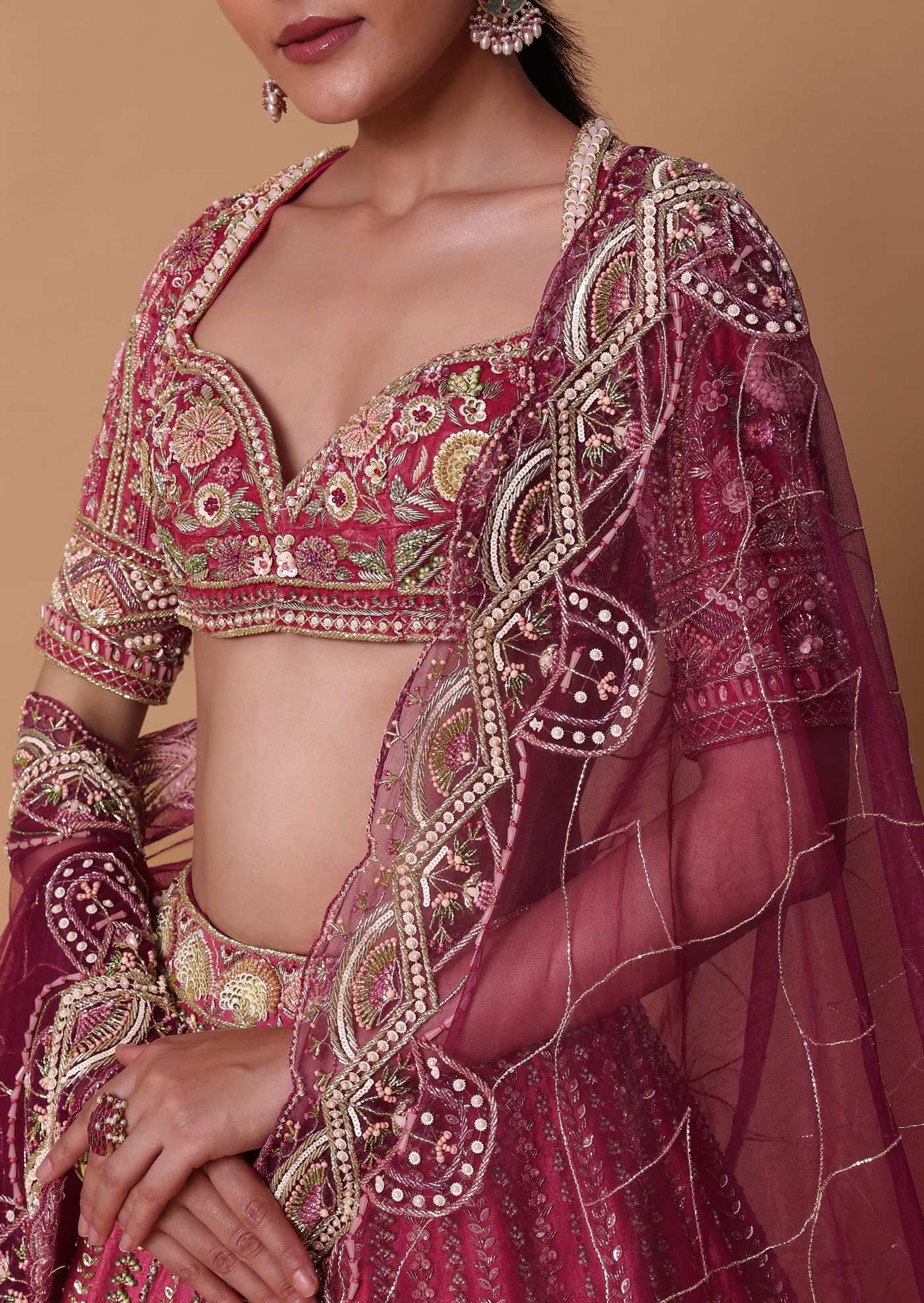 Red Velvet Silk 16 Kali Zardosi Lehenga With Crystal Blouse And Two Dupattas