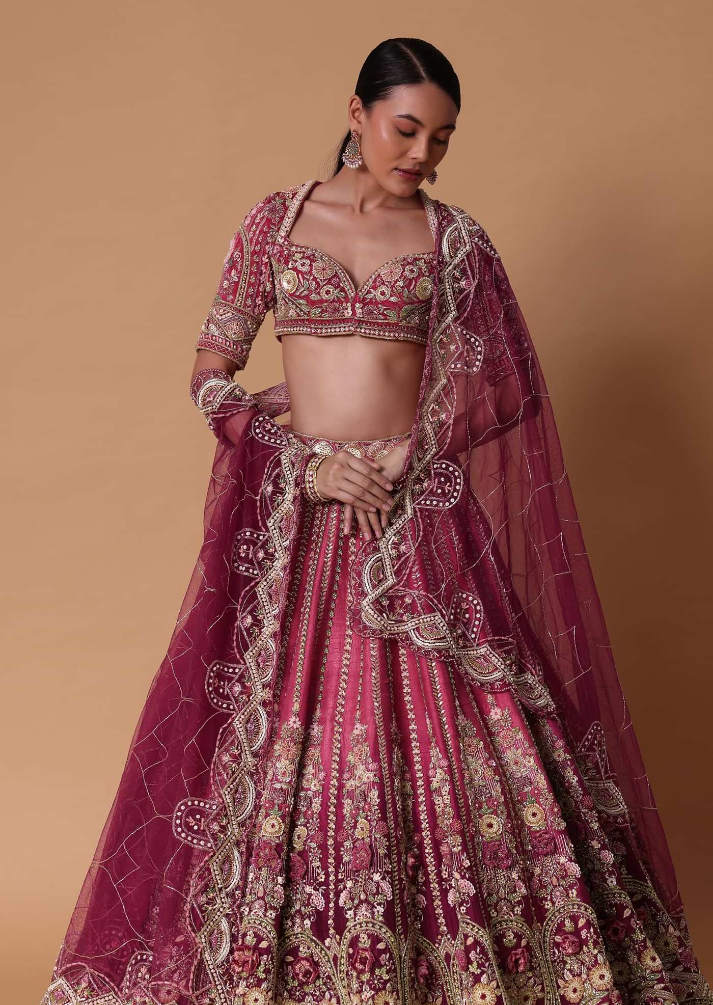 Red Velvet Silk 16 Kali Zardosi Lehenga With Crystal Blouse And Two Dupattas