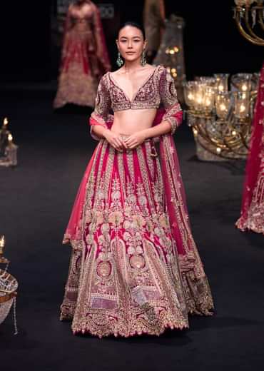 Red Velvet Raw Silk 16 Kali Zardosi Lehenga With Pearl Blouse Set