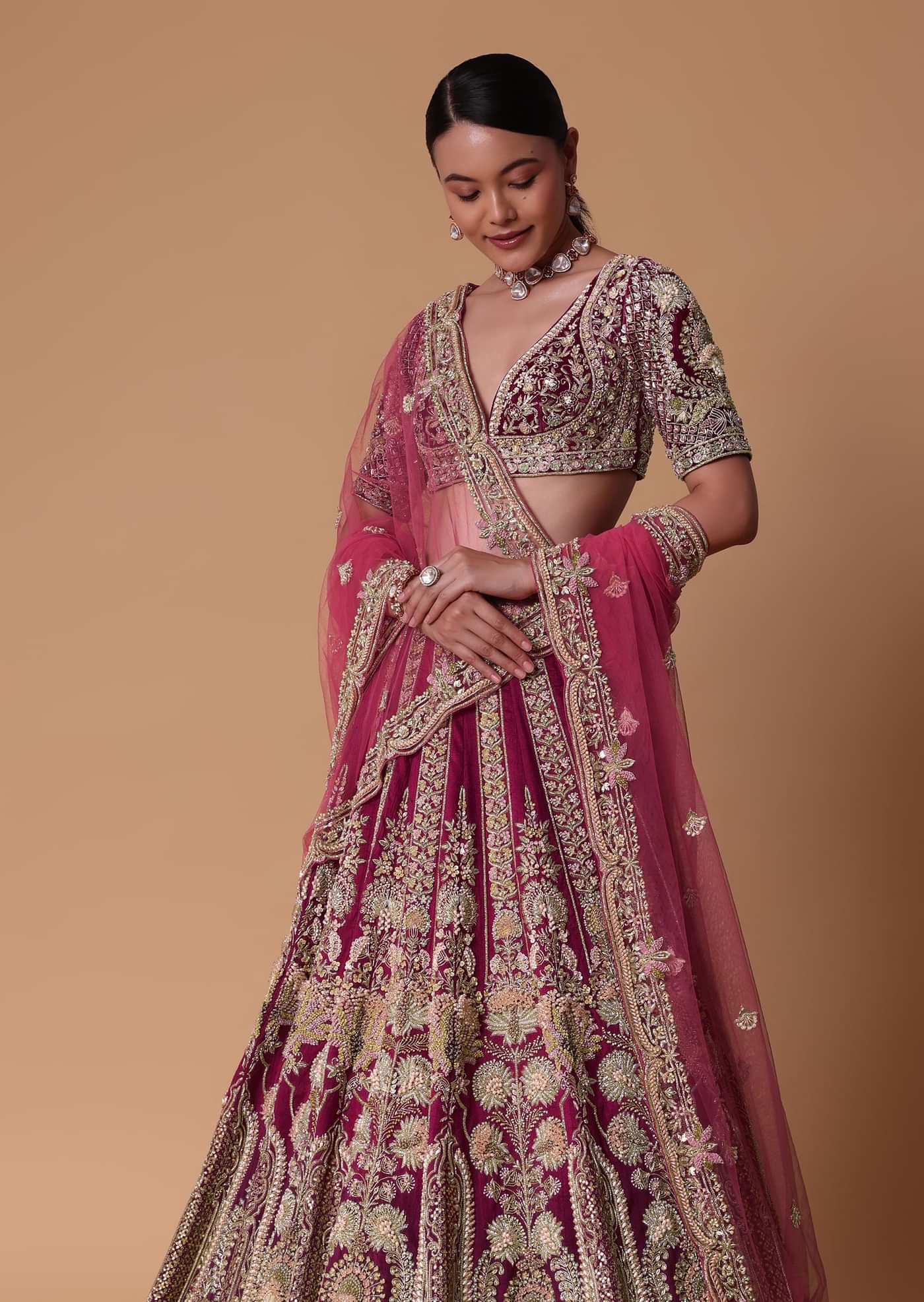 Red Velvet Raw Silk 16 Kali Zardosi Lehenga With Pearl Blouse Set
