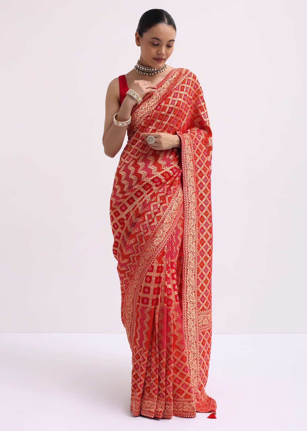 Red Woven Georgette Saree With Unstitched Blouse