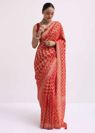 Red Woven Georgette Saree With Unstitched Blouse
