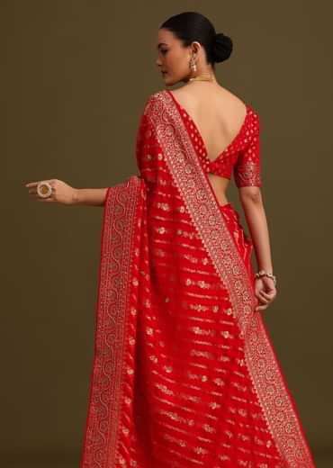 Red Zardosi Embroidered Saree With Unstitched Blouse