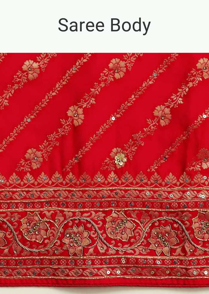 Red Zardosi Embroidered Saree With Unstitched Blouse