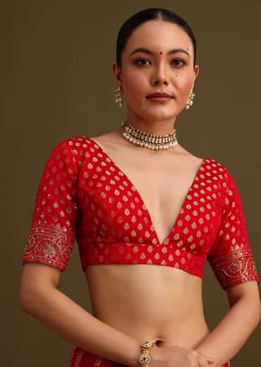 Red Zardosi Embroidered Saree With Unstitched Blouse