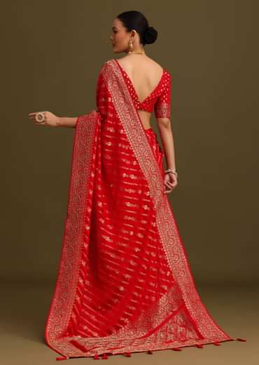 Red Zardosi Embroidered Saree With Unstitched Blouse