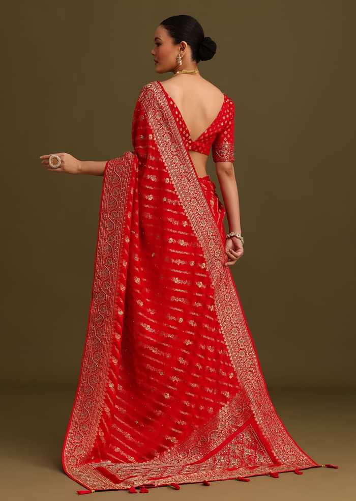 Red Zardosi Embroidered Saree With Unstitched Blouse