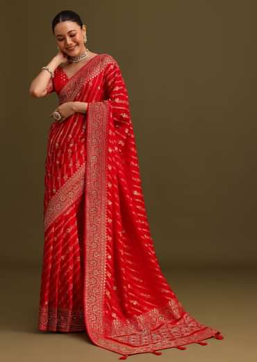 Red Zardosi Embroidered Saree With Unstitched Blouse
