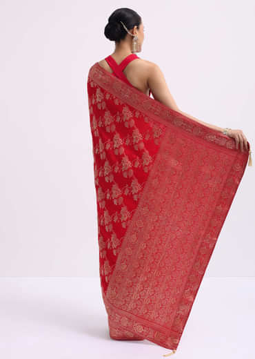 Red Zari Jaal Dola Silk Saree With Unstitched Blouse