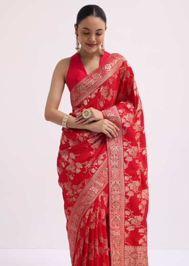 Red Zari Jaal Dola Silk Saree With Unstitched Blouse
