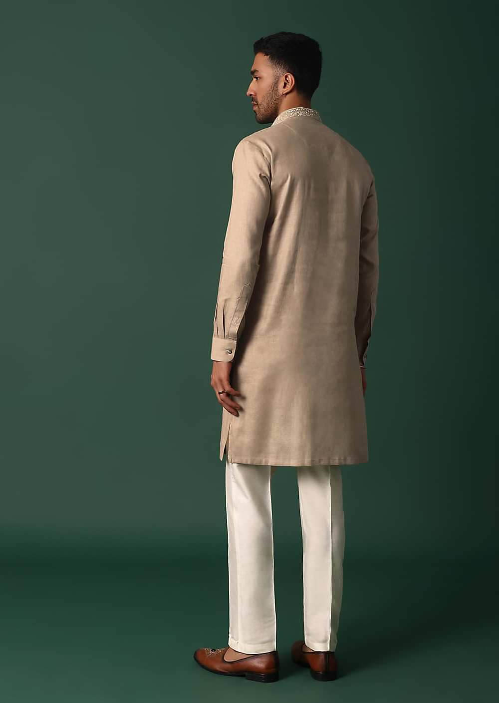Refined Brown Linen Kurta With Intricate Yoke Work