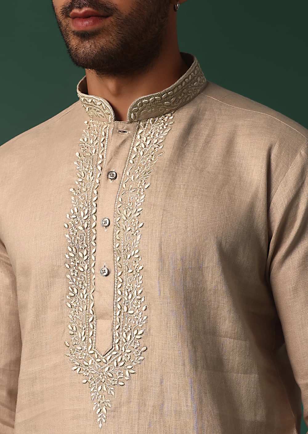 Refined Brown Linen Kurta With Intricate Yoke Work