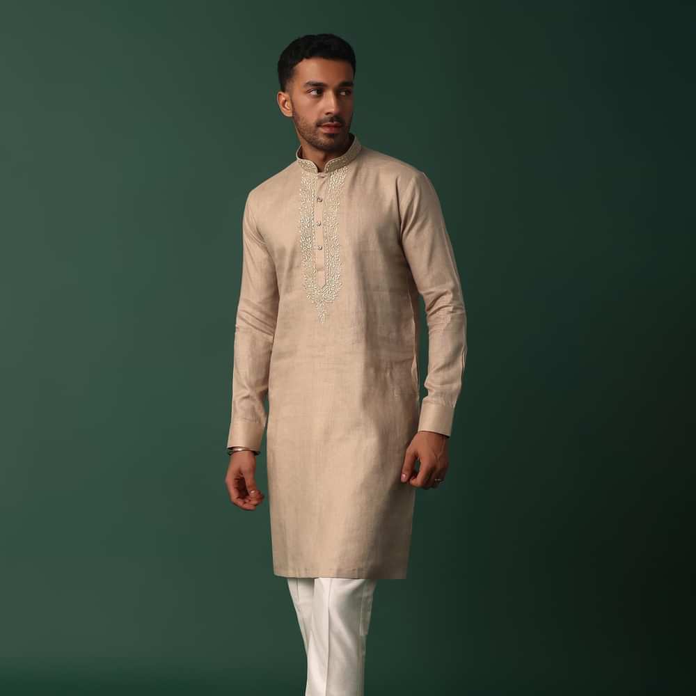 Refined Brown Linen Kurta With Intricate Yoke Work