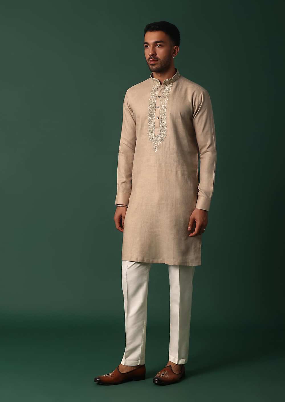 Refined Brown Linen Kurta With Intricate Yoke Work
