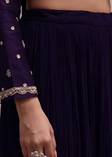 Regal Purple Heavy Zardosi Worked Short Kurta With Palazzo And Net Dupatta Set