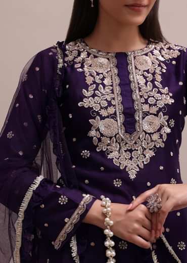 Regal Purple Heavy Zardosi Worked Short Kurta With Palazzo And Net Dupatta Set