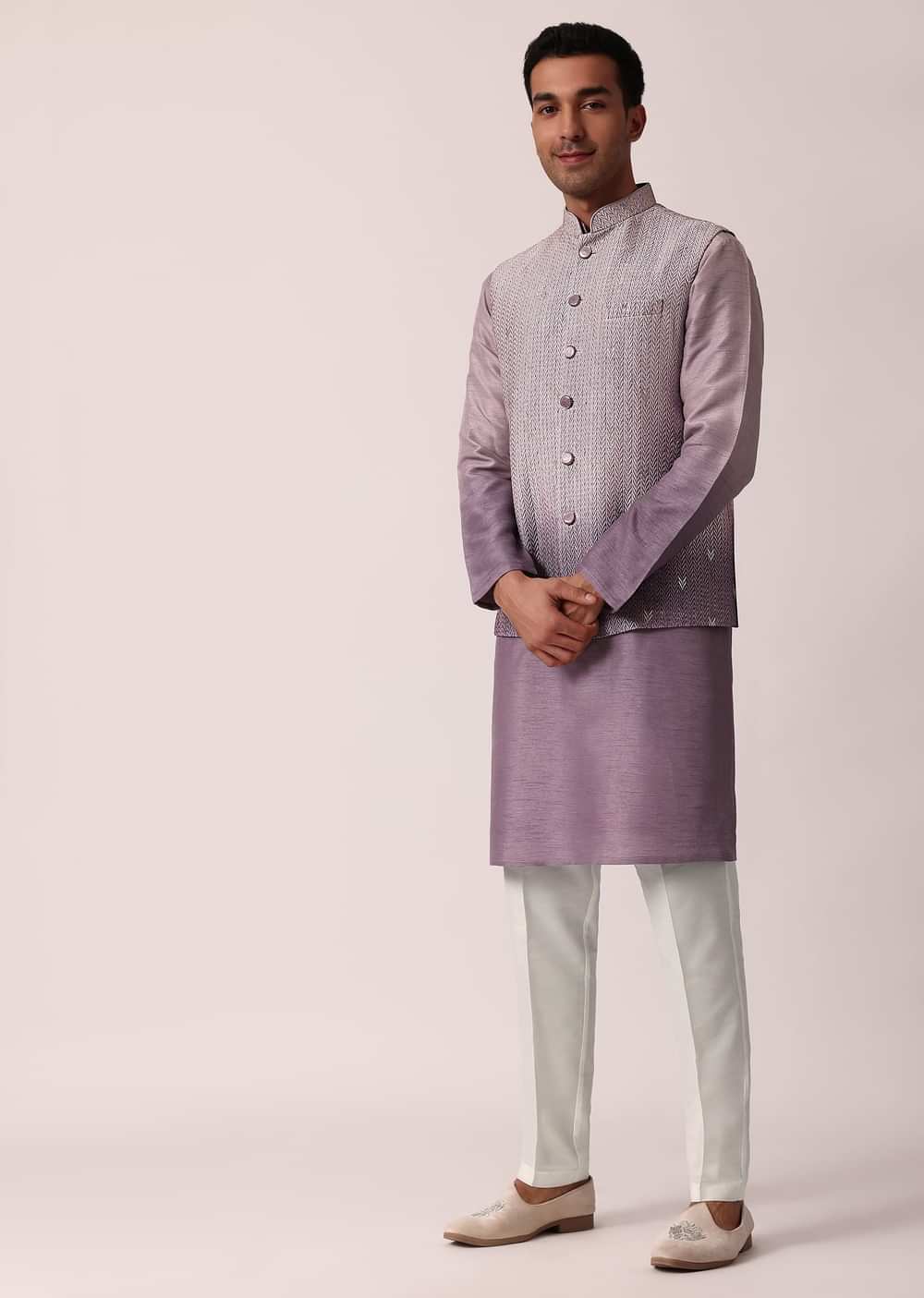 Regal Purple Silk Jacket Kurta Set For Men
