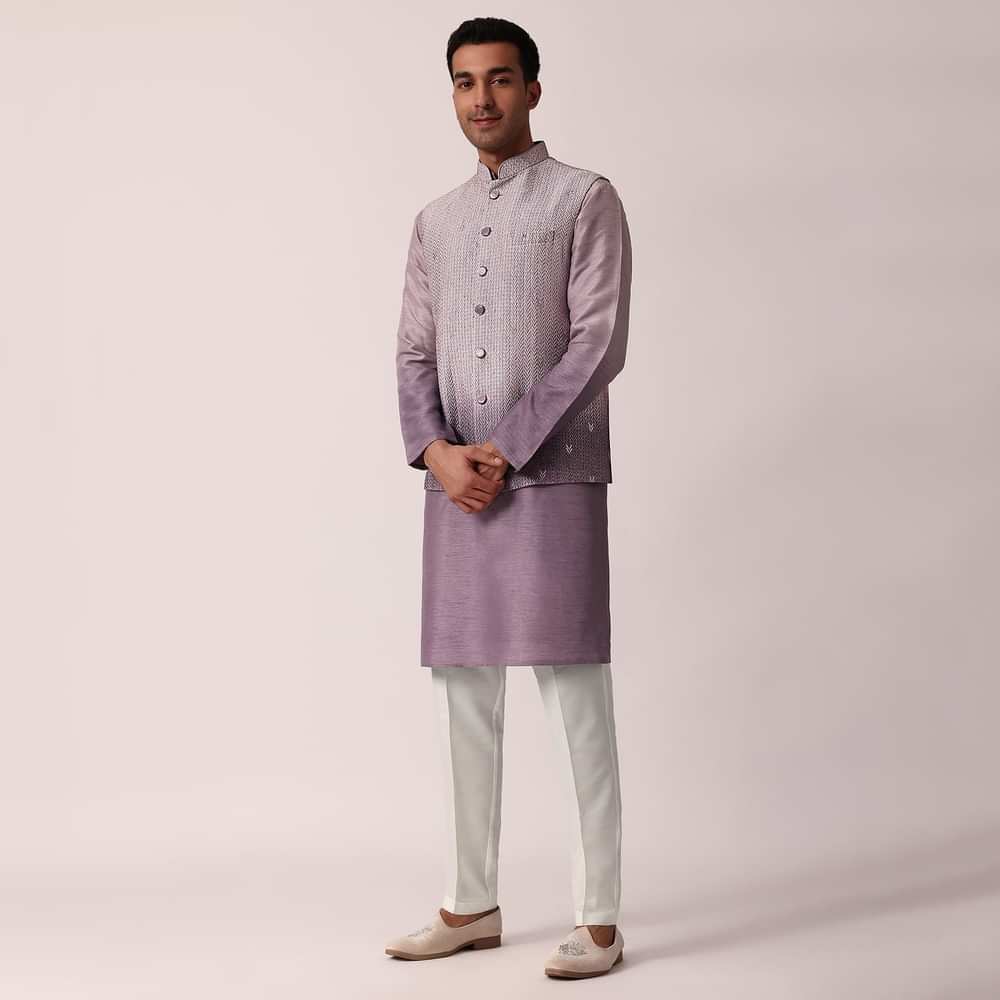 Regal Purple Silk Jacket Kurta Set For Men