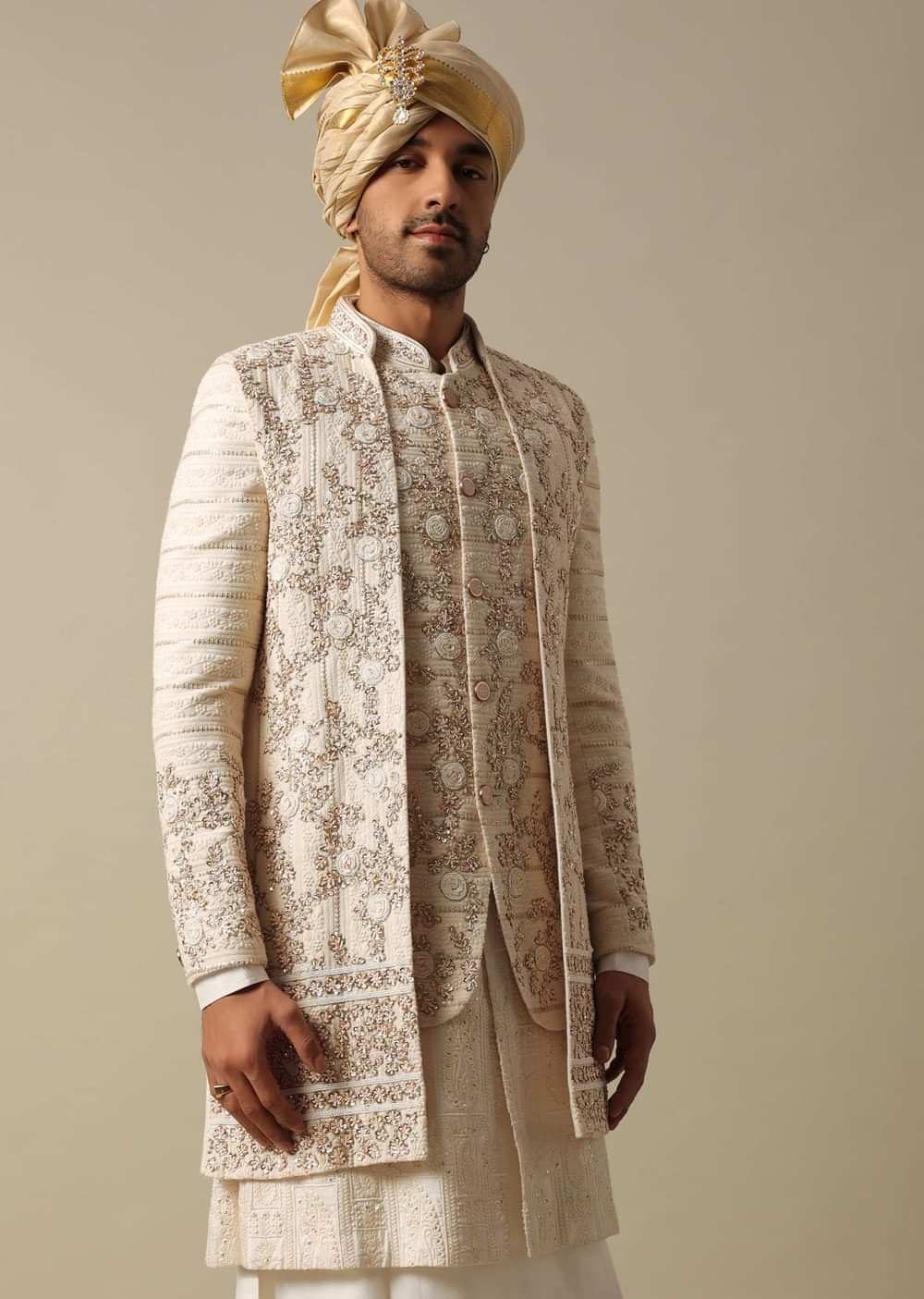 Regal White Sherwani Set With Heavy Embroidery