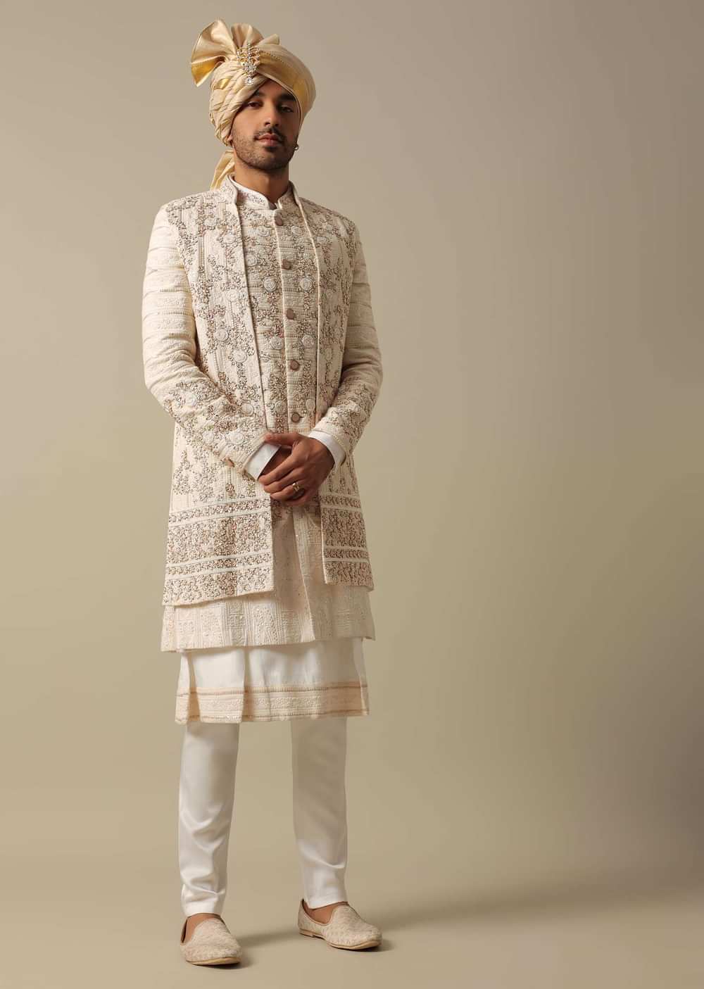 Regal White Sherwani Set With Heavy Embroidery
