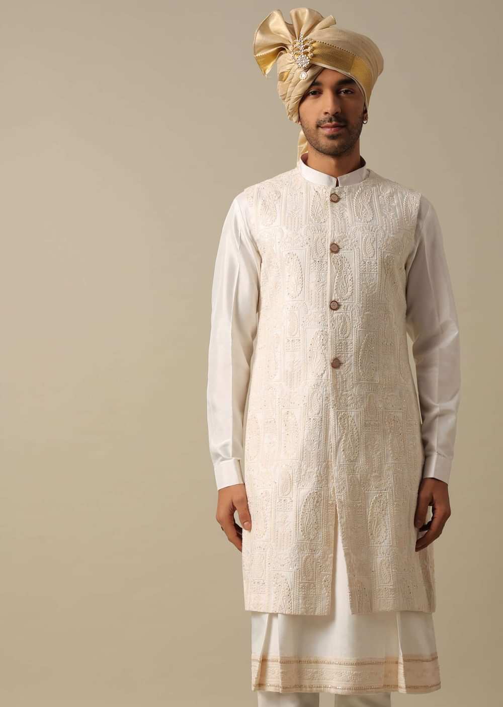 Regal White Sherwani Set With Heavy Embroidery