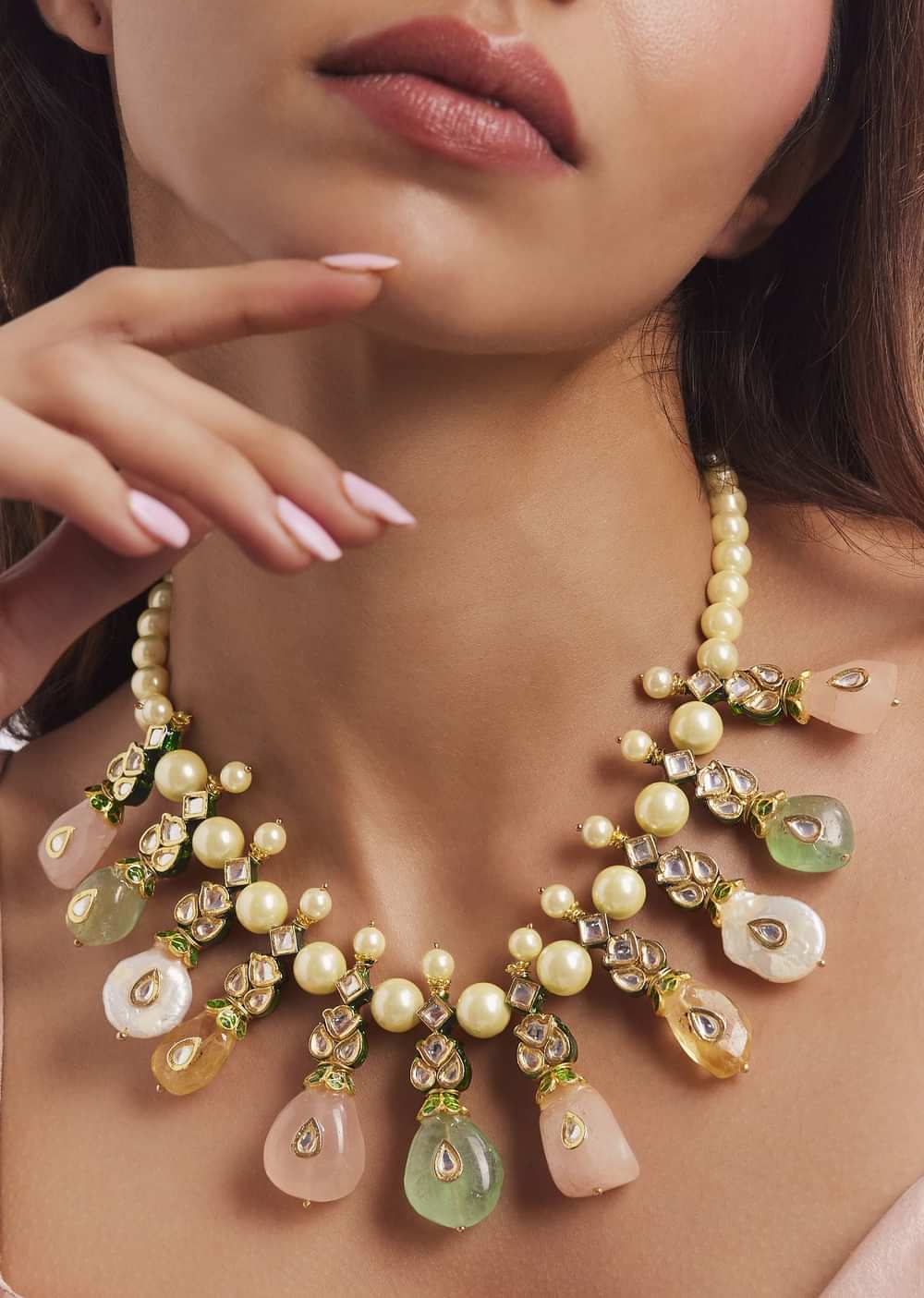 Rhodium Plated Pearls And Multi Colour Beads Necklace With Dangler Earrings