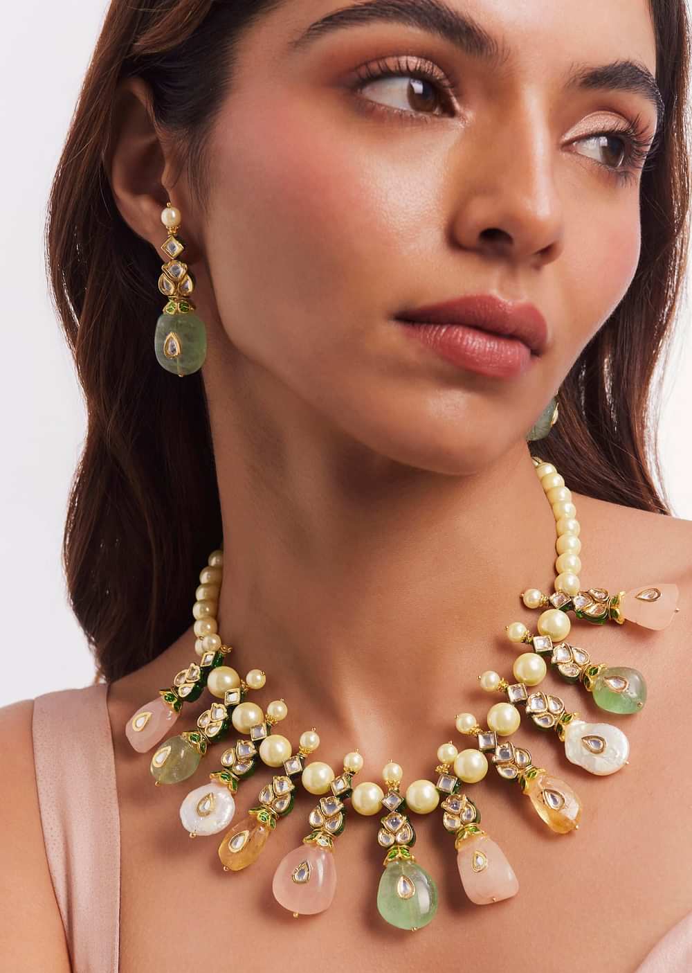 Rhodium Plated Pearls And Multi Colour Beads Necklace With Dangler Earrings