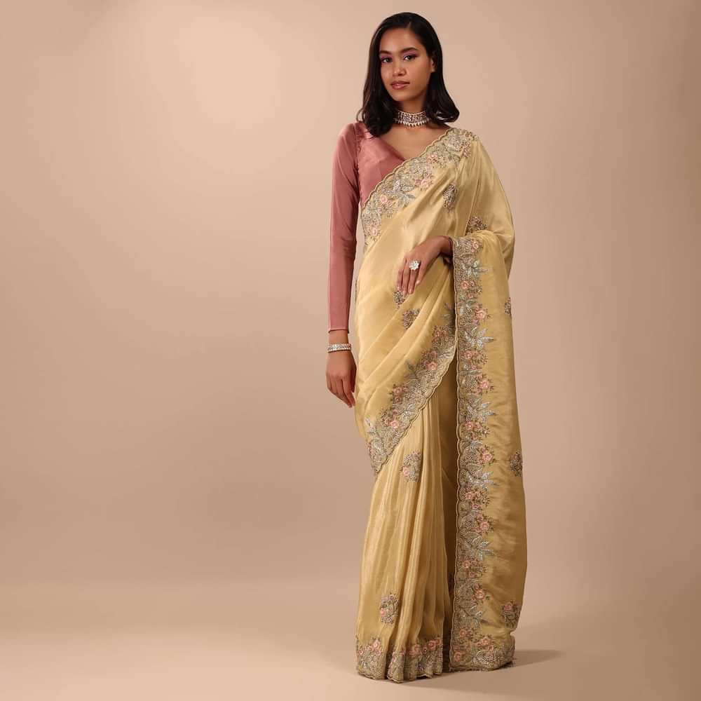 Canary Gold Yellow Saree In Glass Tissue Fabric And Gotta Resham Embroidery With Zardosi, Moti & Sequins