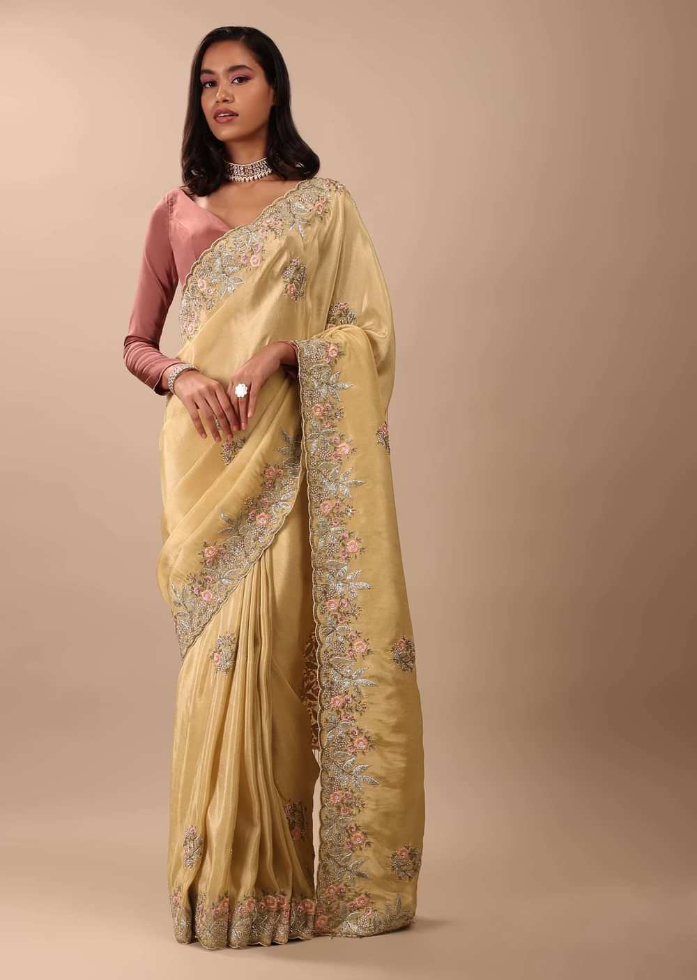 Canary Gold Yellow Saree In Glass Tissue Fabric And Gotta Resham Embroidery With Zardosi, Moti & Sequins