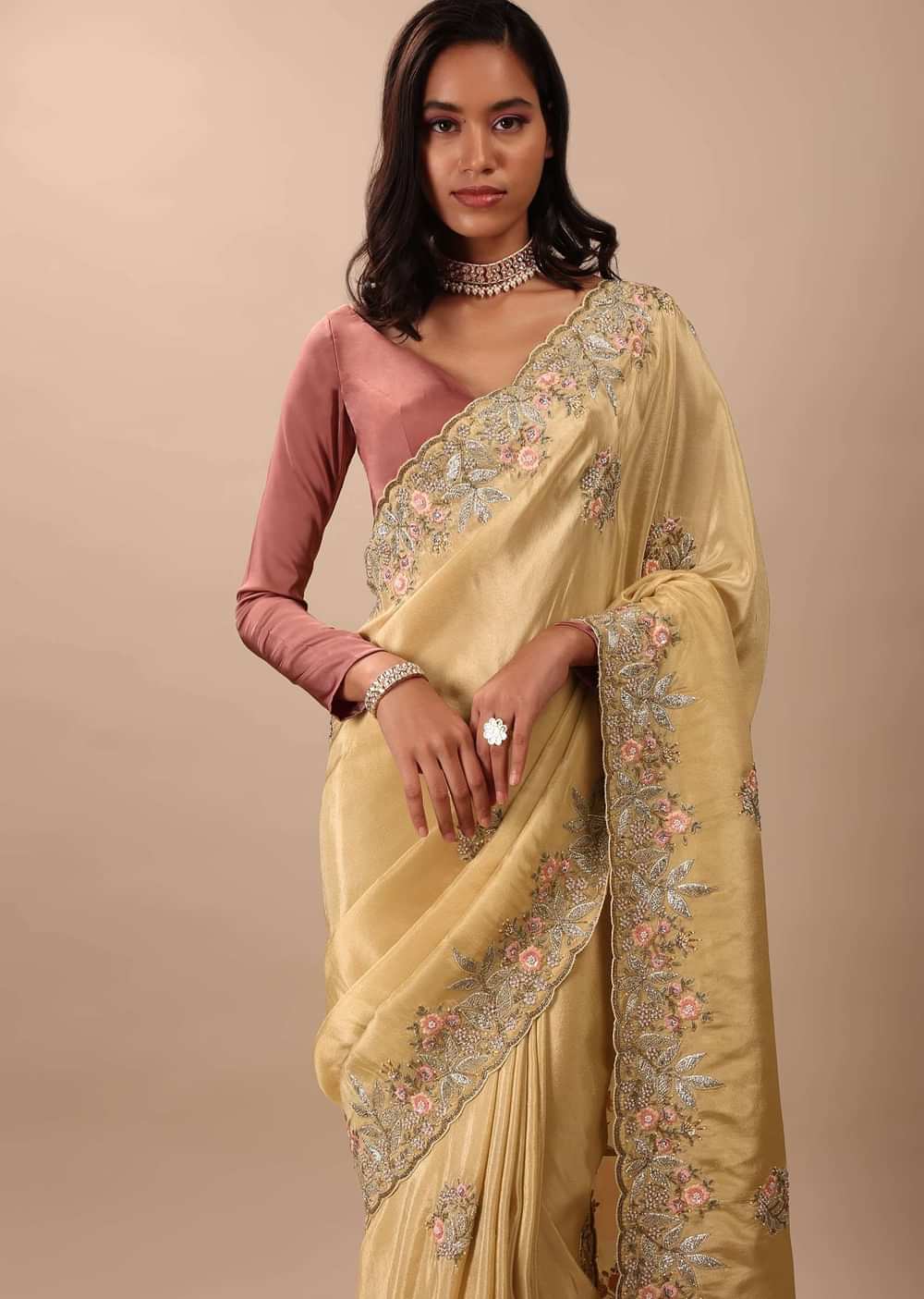 Canary Gold Yellow Saree In Glass Tissue Fabric And Gotta Resham Embroidery With Zardosi, Moti & Sequins