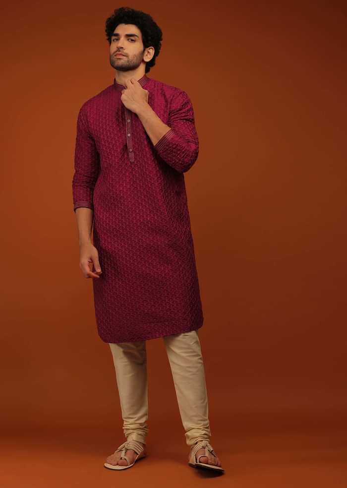 Rio Red Kurta Set In Lucknowi Embroidery