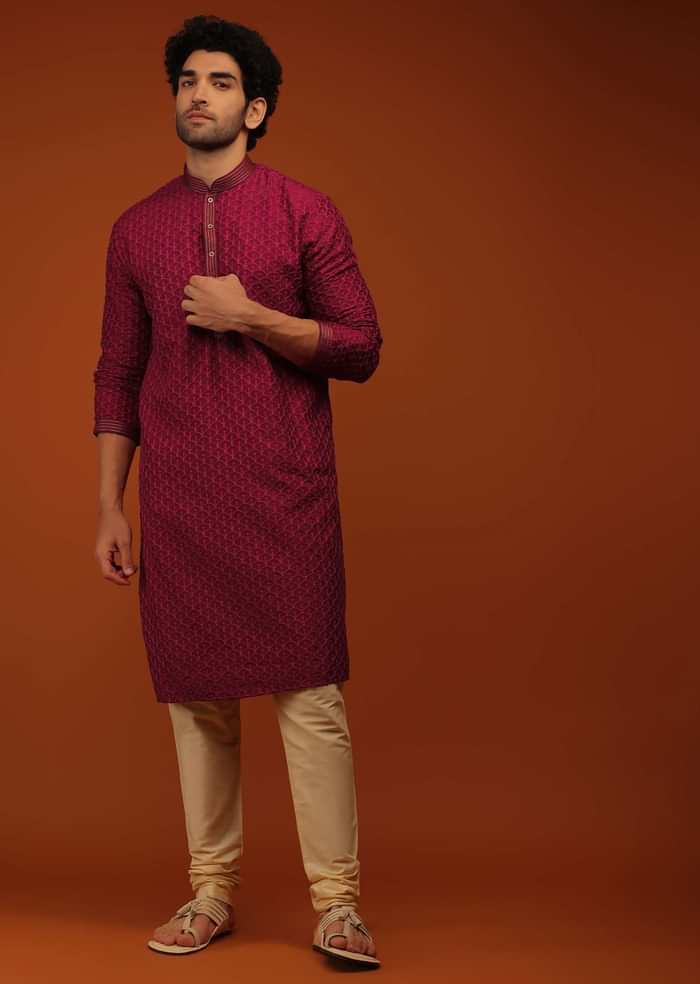 Rio Red Kurta Set In Lucknowi Embroidery