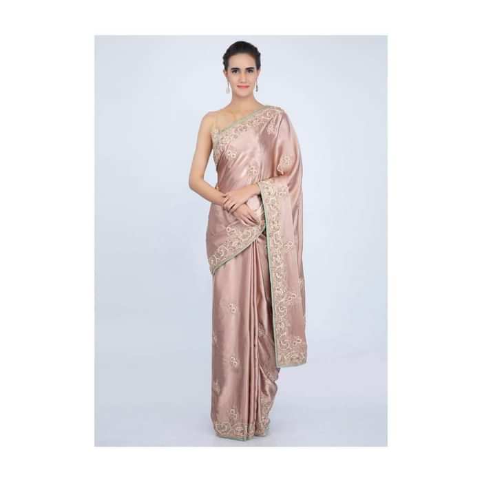 Rose Gold Saree In Satin With Embroidered Butti And Border Online - Kalki Fashion
