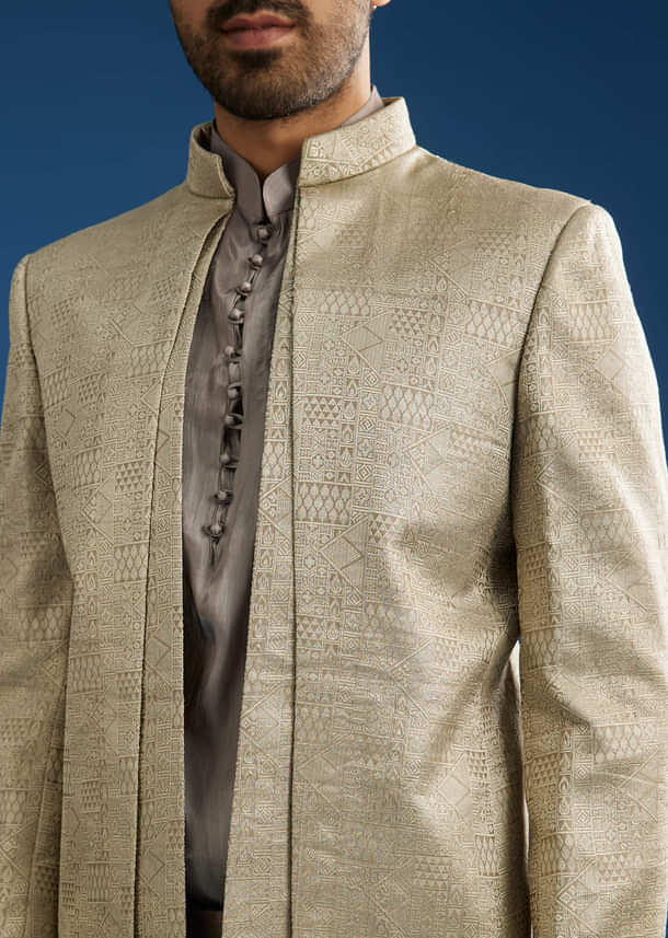 Rose Gold Banarasi Silk Jacket Kurta Set