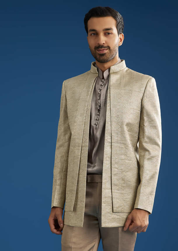 Rose Gold Banarasi Silk Jacket Kurta Set