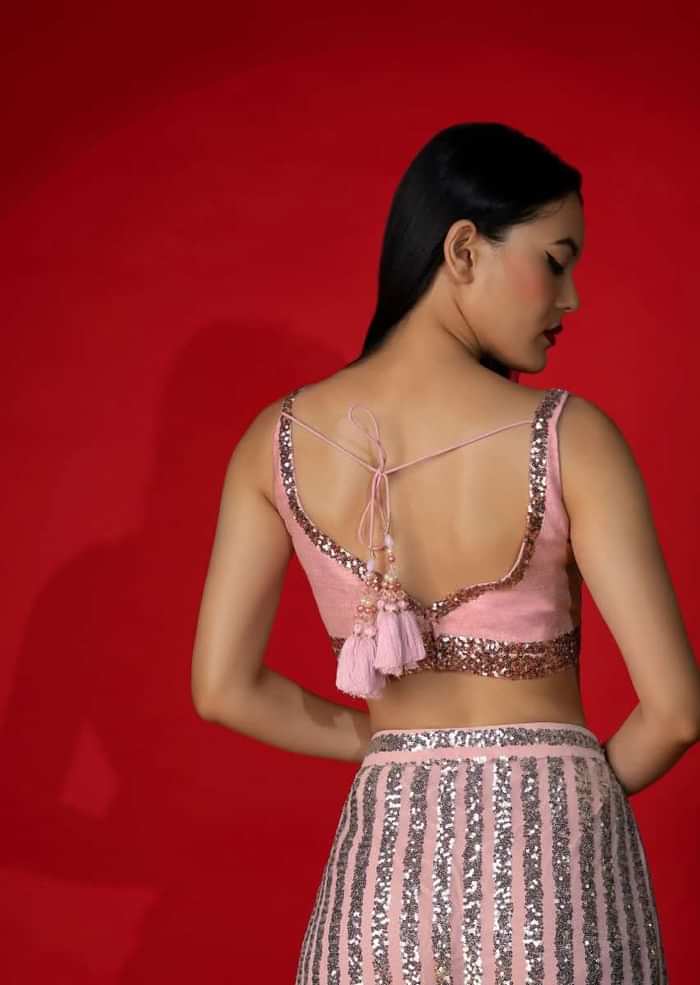 Rose Pink Ombre Ready Pleated Saree Embellished In Sequins With A Raw Silk Blouse Embellished With Sequins
