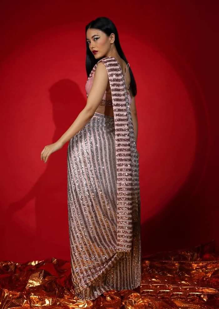 Rose Pink Ombre Ready Pleated Saree Embellished In Sequins With A Raw Silk Blouse Embellished With Sequins