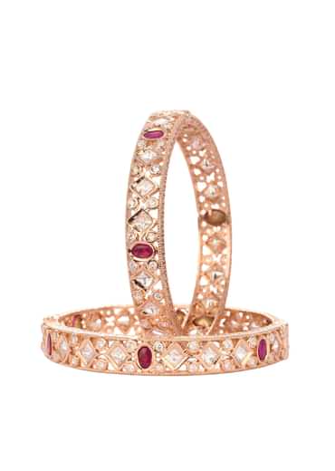 Rose Gold And Ruby Handcrafted Kundan Polki Bangles In Mixed Metal