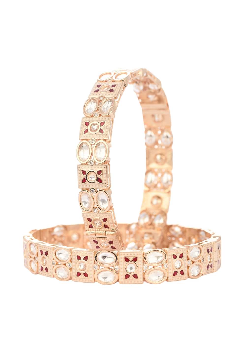Rose Gold And Ruby Handcrafted Polki Bangles In Mix Metal