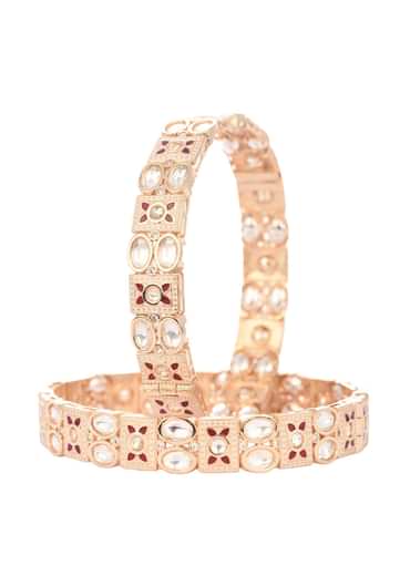 Rose Gold And Ruby Handcrafted Polki Bangles In Mix Metal