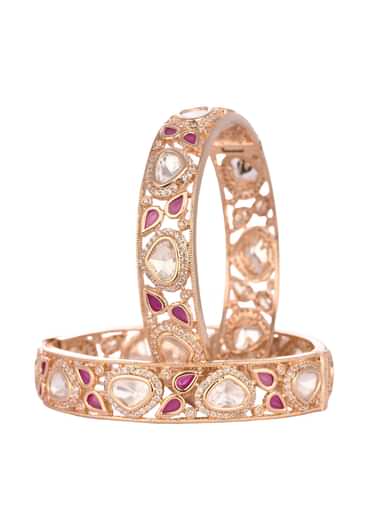 Rose Gold And Ruby Kundan Polki Mix Metal Bangles