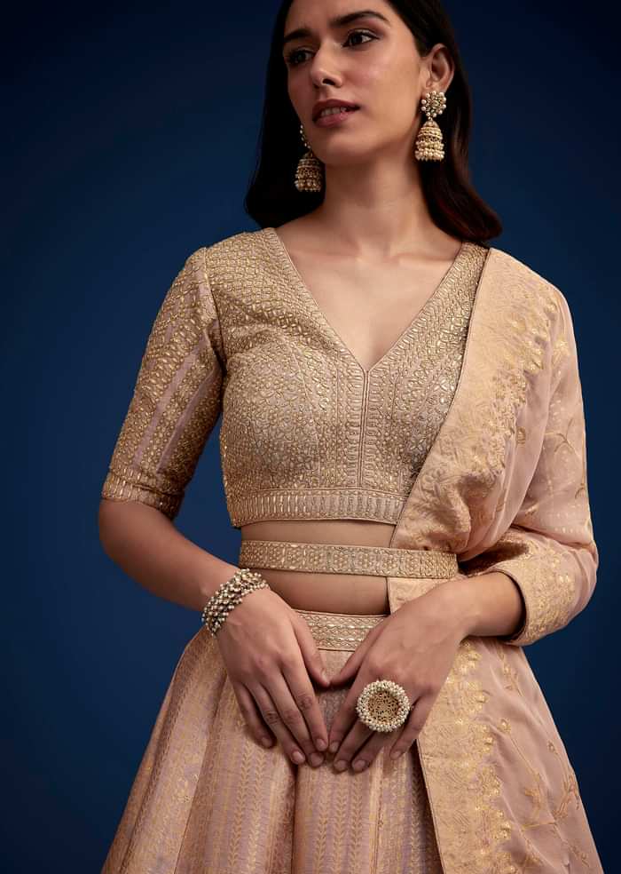 Rose Gold Brocade Lehenga Set With Belt